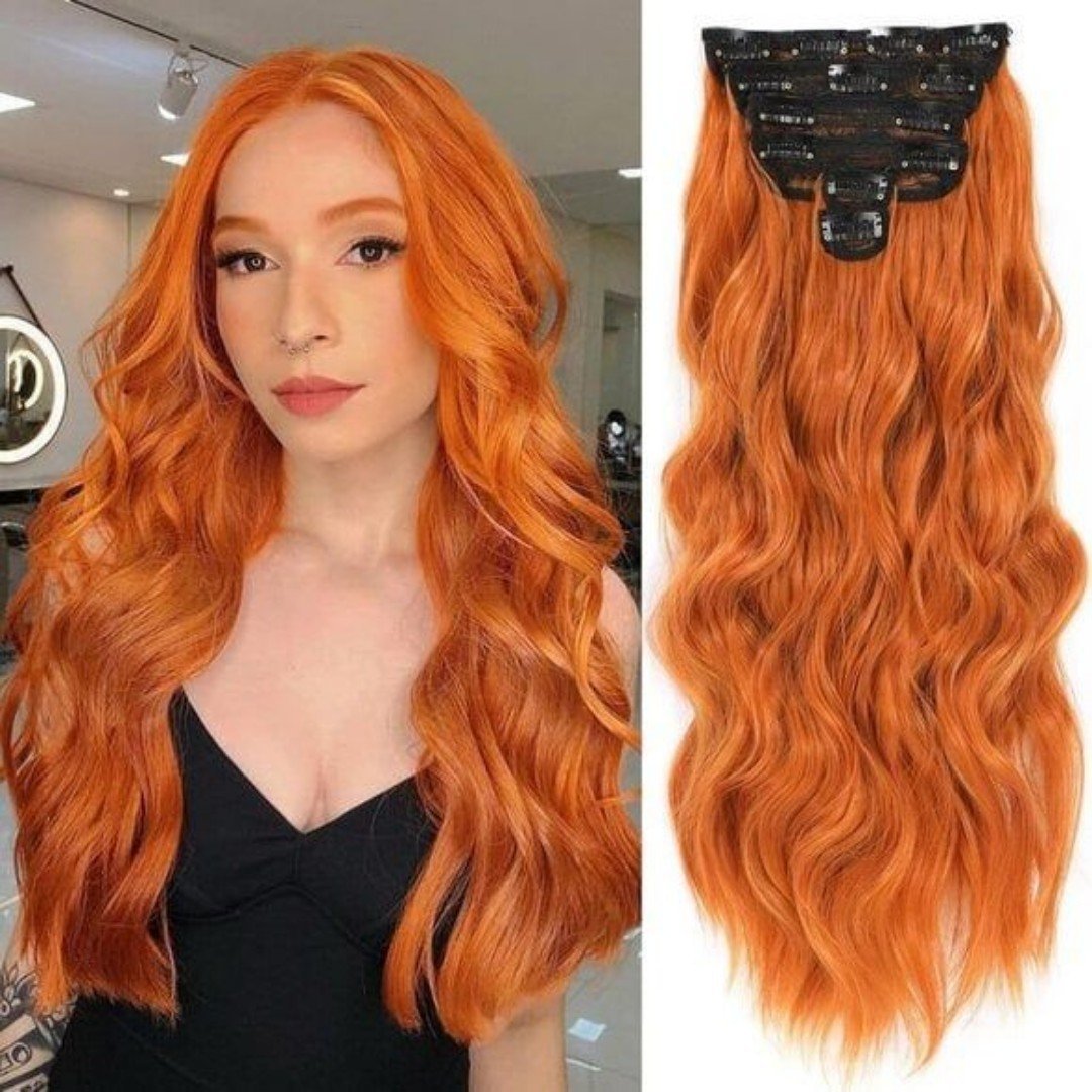 New 6PCS 20 Wavy Curly Ginger Orange Clip-In Hair Extensions for Women
