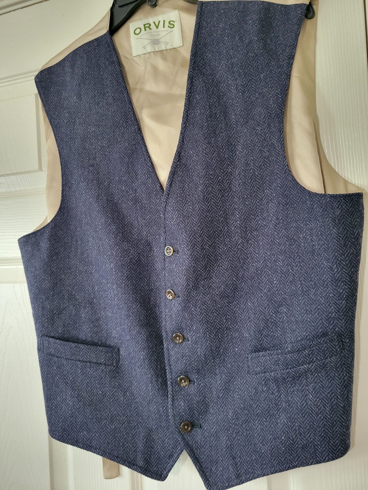 ORVIS Mens Waistcoat Vest 100% Wool TWEED blue herringbone Size L Made in USA