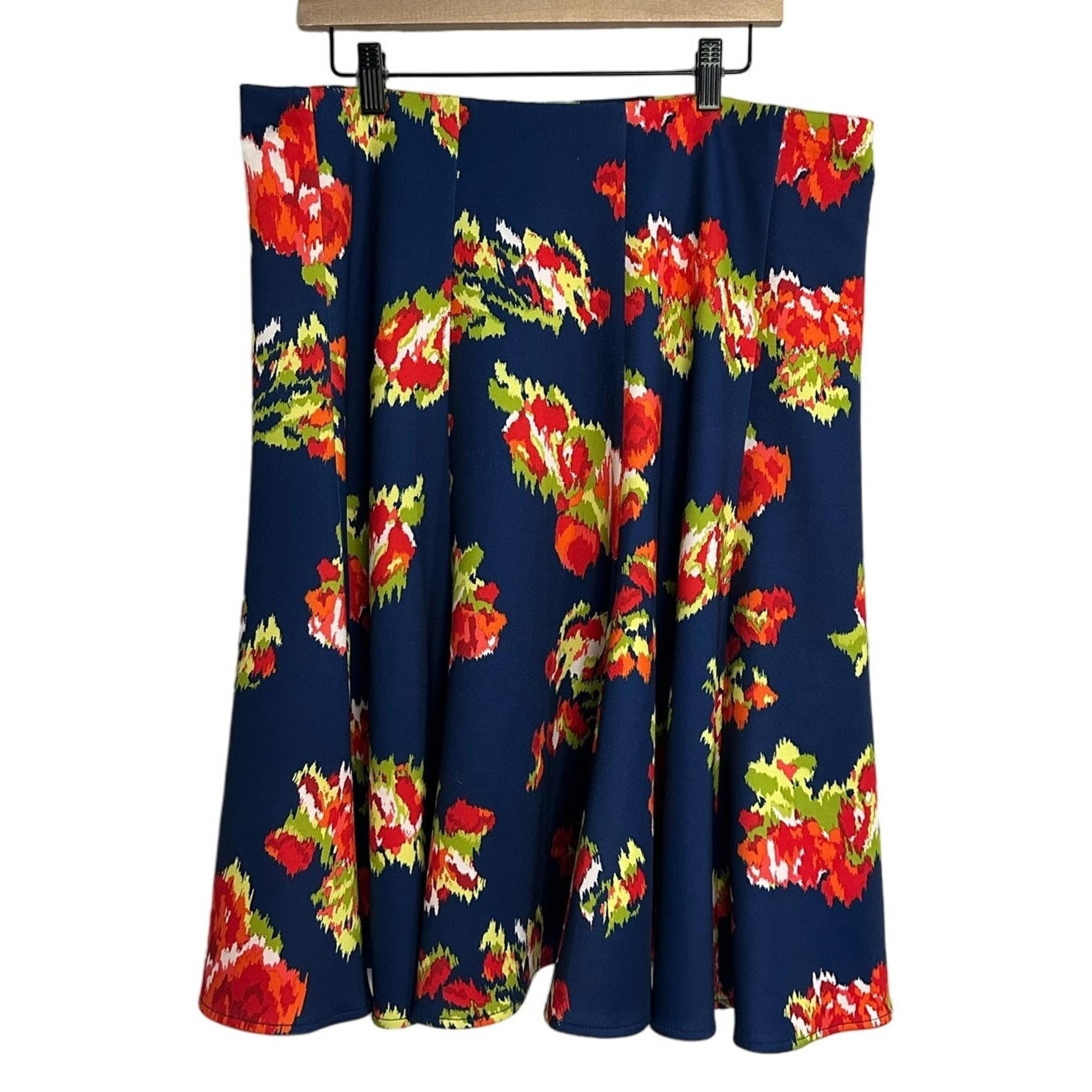 Navy Blue Floral Print Full Midi Length Skirt, Size XL - Valerie Stevens