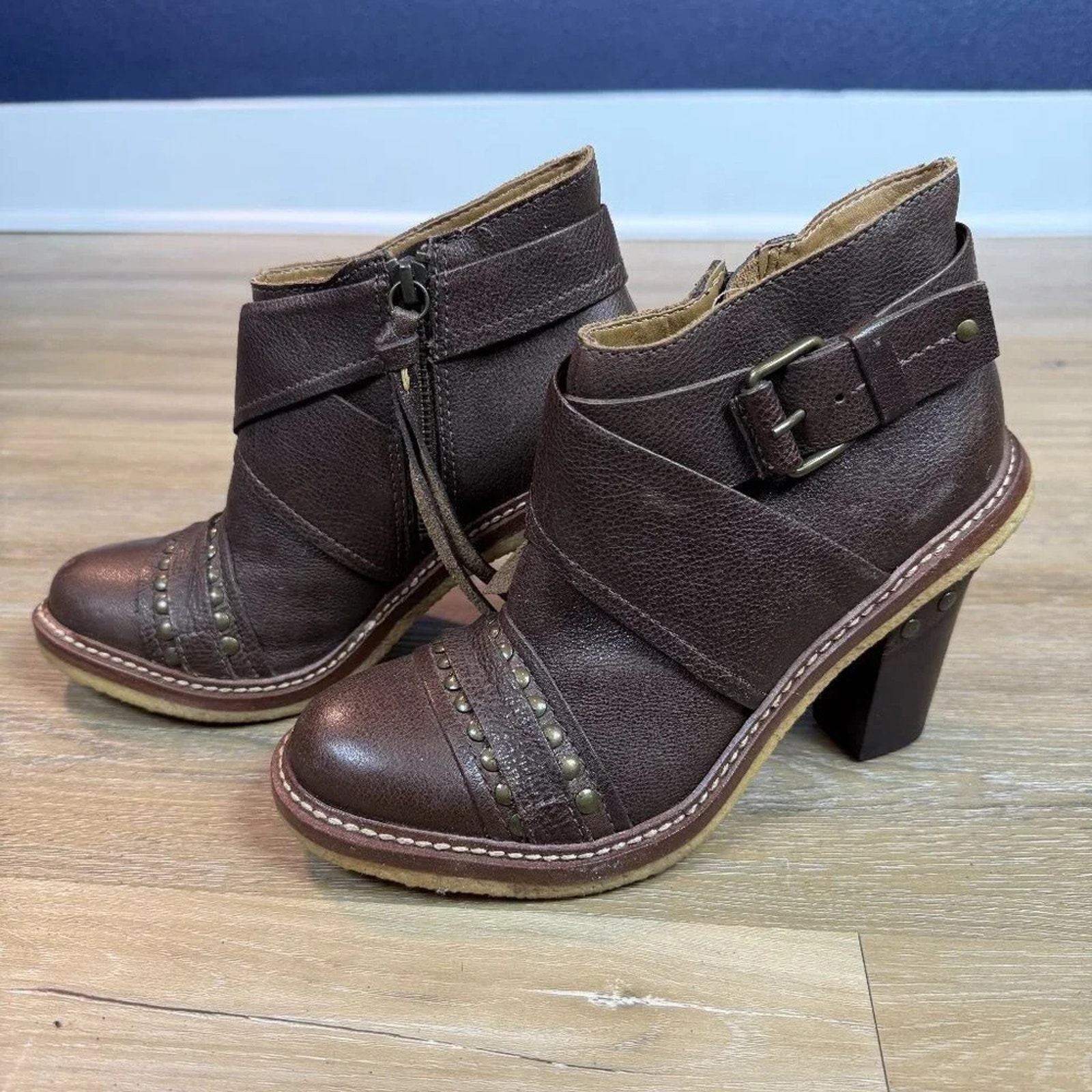 Schuler & Sons Anthropologie Brown Leather Studded Heeled Ankle Boots, Sz 7