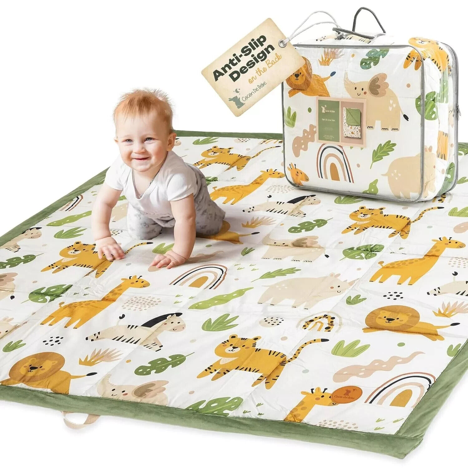 Large Jungle Animals Baby Play Mat 47x47 - Non-Slip Tummy Time Activity Gym