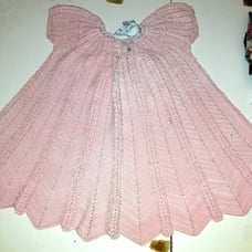 VTG Hand Crocheted Pink Toddler Dress Chevron Stitched Unknown Sz Button Ribbon