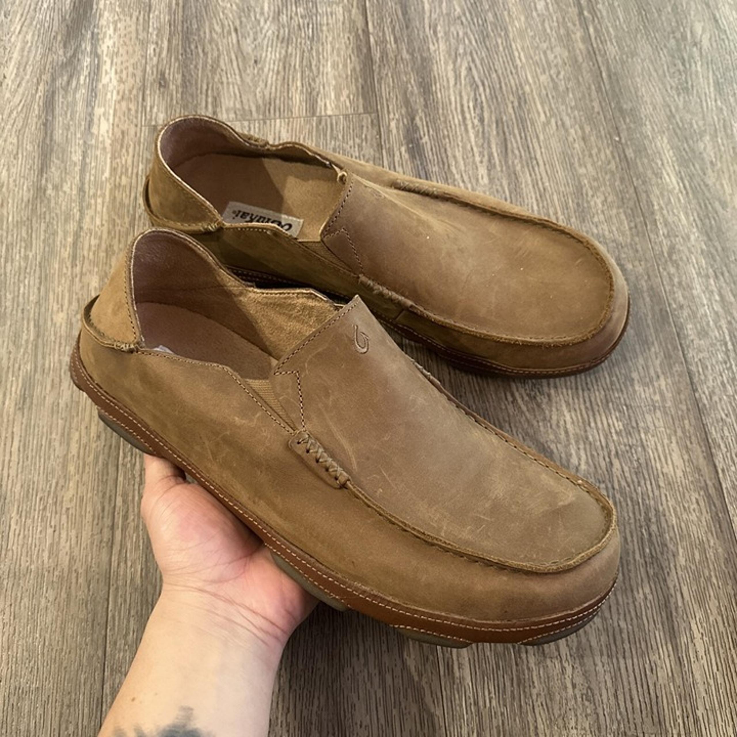 Olukai Moloa Men's Leather Slip On Shoes - Black / Brown Size 13