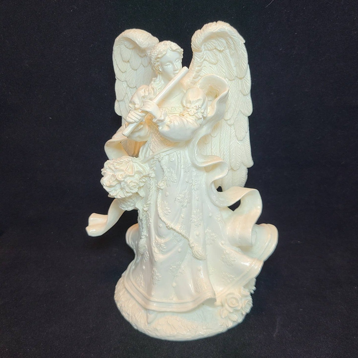 Stunning 8 White Angel Figurine - Dancing in Floral Dress with Flute