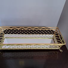 Vintage Tall Basket Weave Bead Vanity Mirror Tray Golden Metal