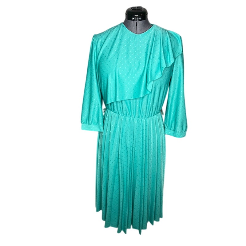 Dress draped front aqua blue green 1980s