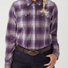 Women's Duluth Pearl Snap Flannel Fence Mender Shirt Size Small Purple Plaid