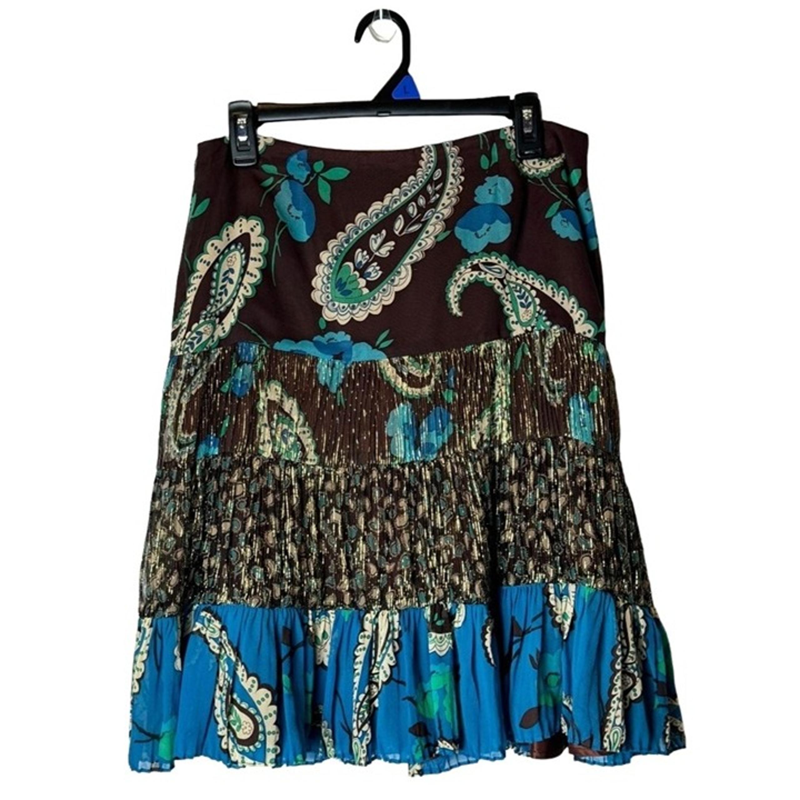 Nanette Lepore Skirt Women 4 Brown Blue Silk Floral Paisley Tiered A-Line Mini