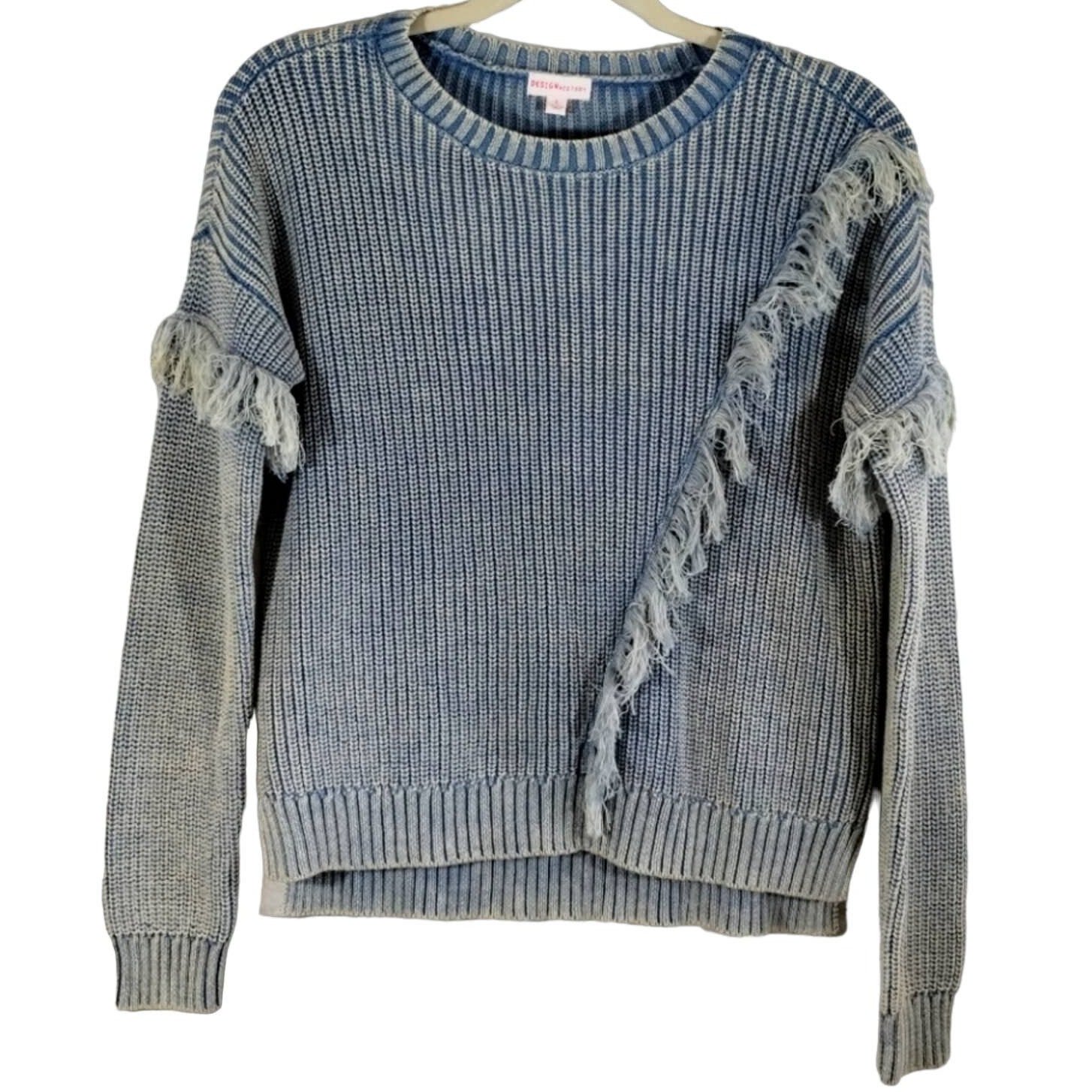 Y Design History Girls Washed Blue Frayed Chunky Knit Pullover Sweater NWT L