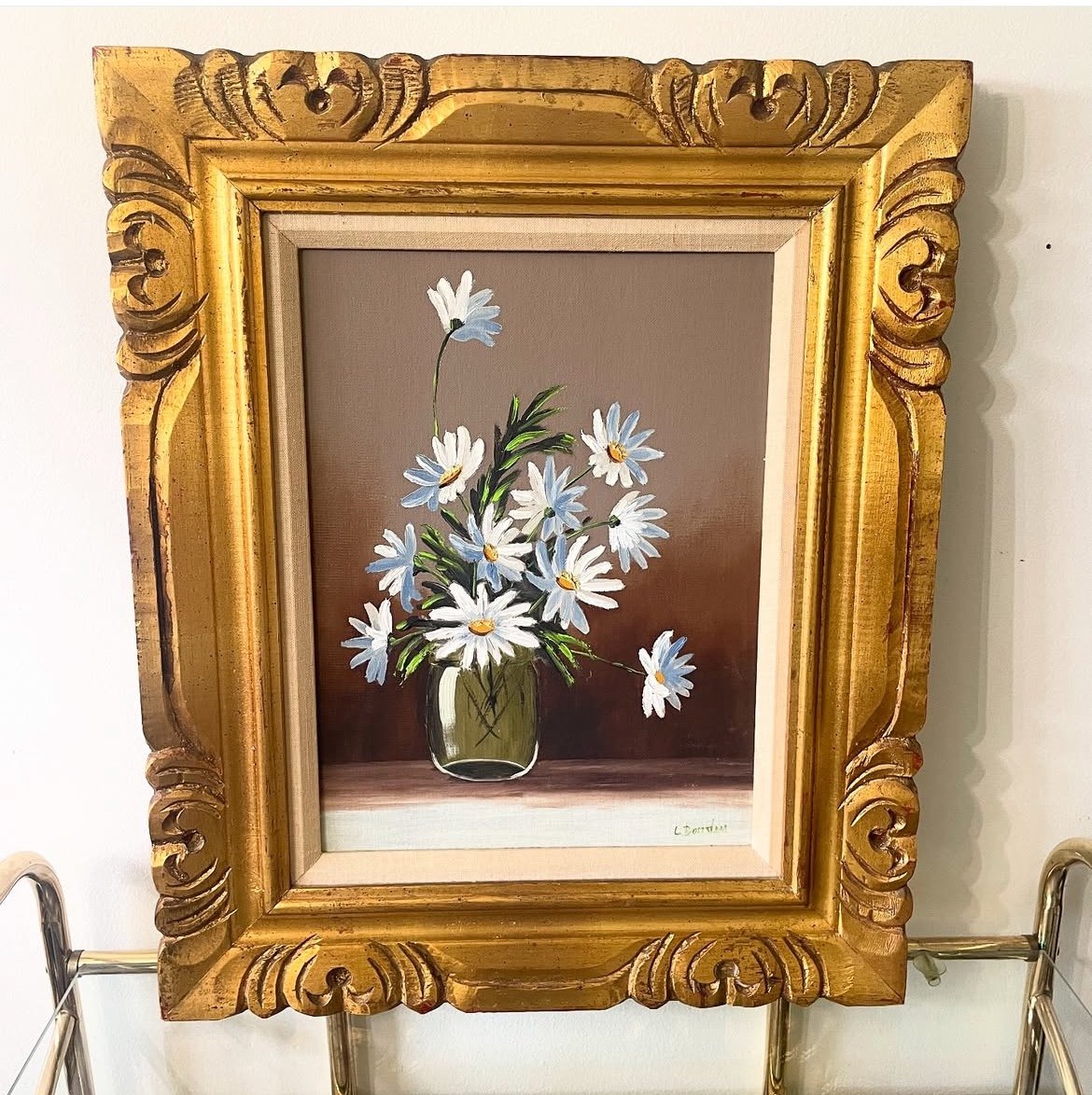 Vtg 20x24 Original Art Daisy Still Life on Canvas in Ornate Gold Frame (Signed)