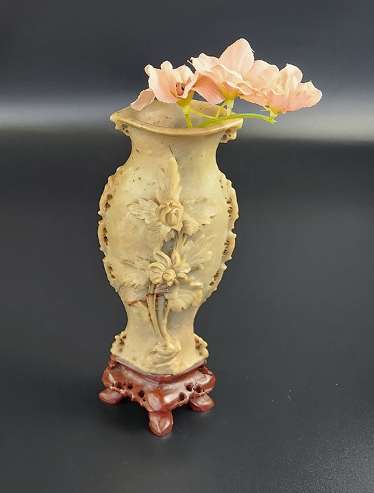 Vintage - Chinese Soapstone Vase - Floral Design - 8 Tall - Beautiful
