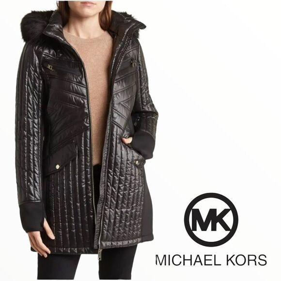 michael michael kors quilted faux fur trim parka