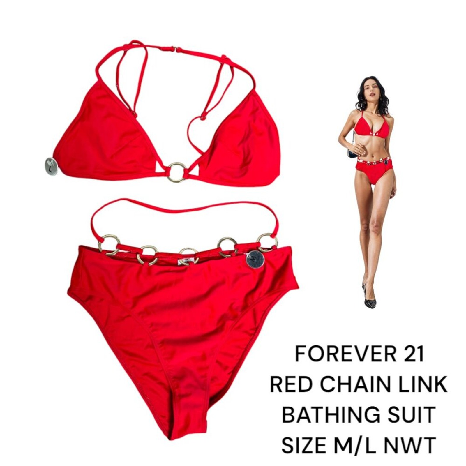 Y2K STYLE FOREVER 21 RED CHAIN LINK BIKINI SWIMSUIT M/L NWT