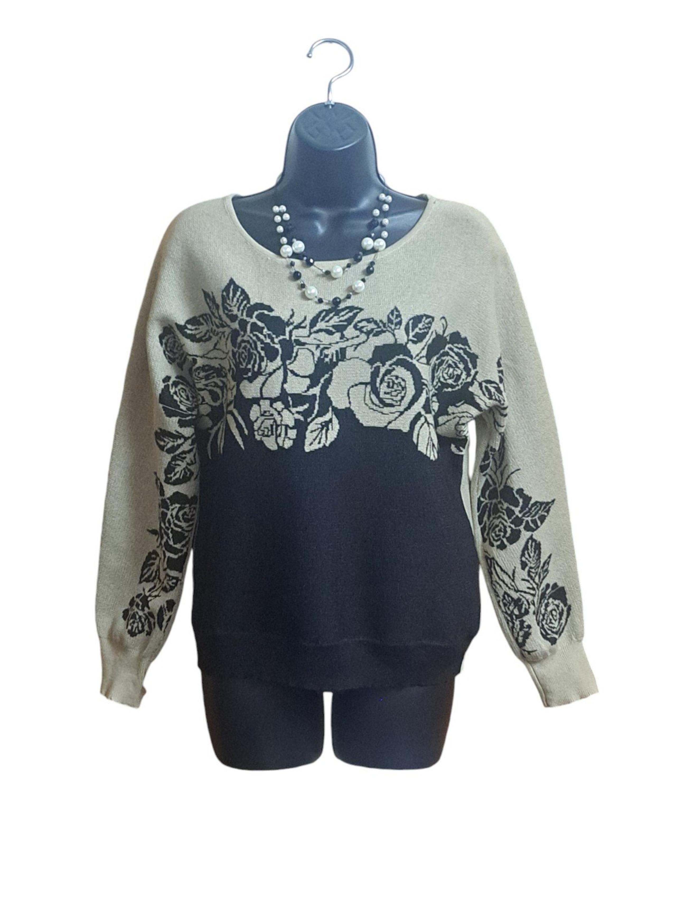 By Design Sweater Women's Size PM Black/Tan Floral Design Long Sleeves NWOT