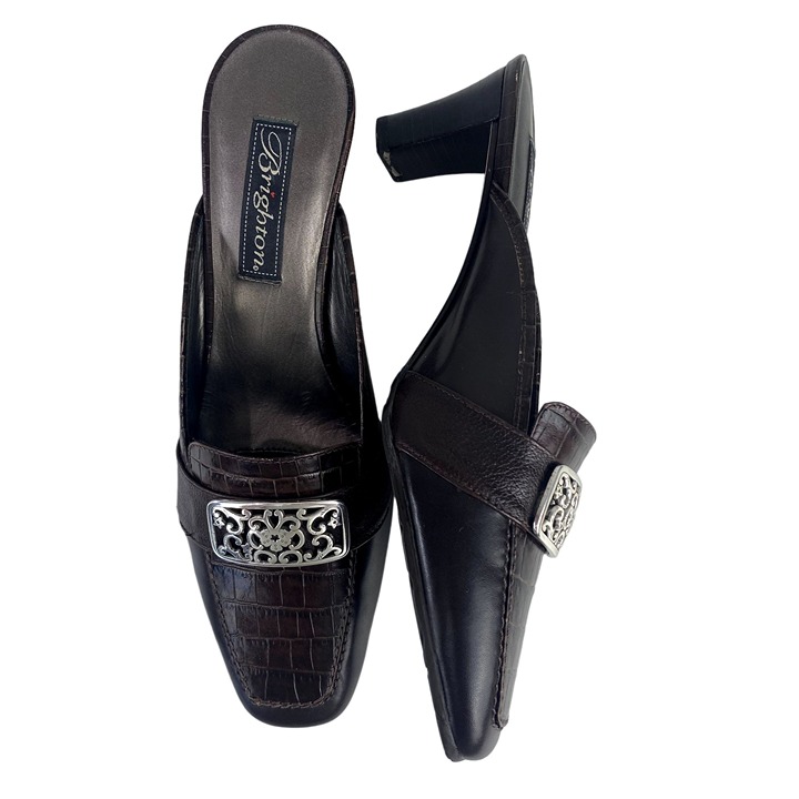 Brighton Steph Chocolate Brown Leather Crocodile Mule Heels 7.5