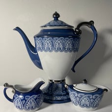bombay china teapot creamer and sugar set white & blue set