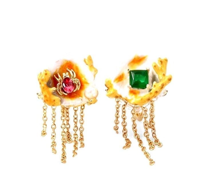Les Nereides SHELL, CORAL BRANCH AND CHAINS CASCADE ASYMMETRICAL Stud EARRINGS