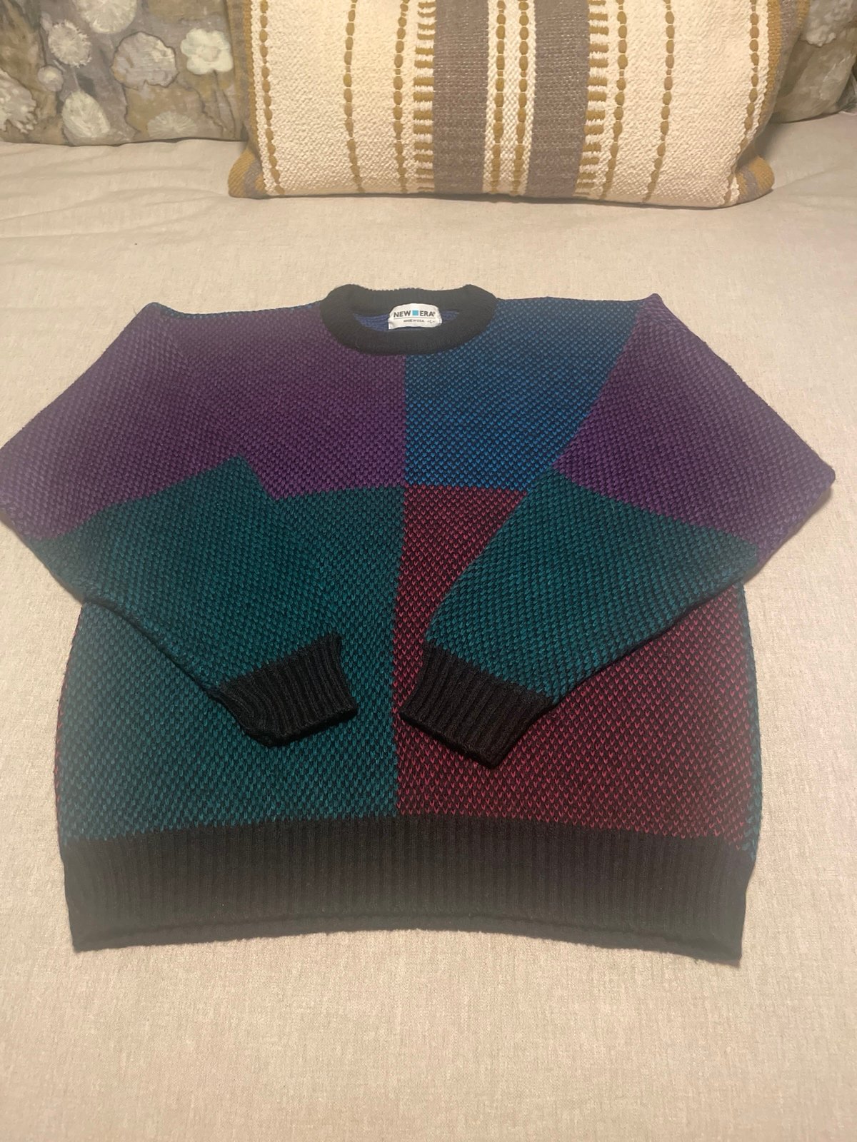 new era sweater color-blocked vintage grandpa made in the USA size large