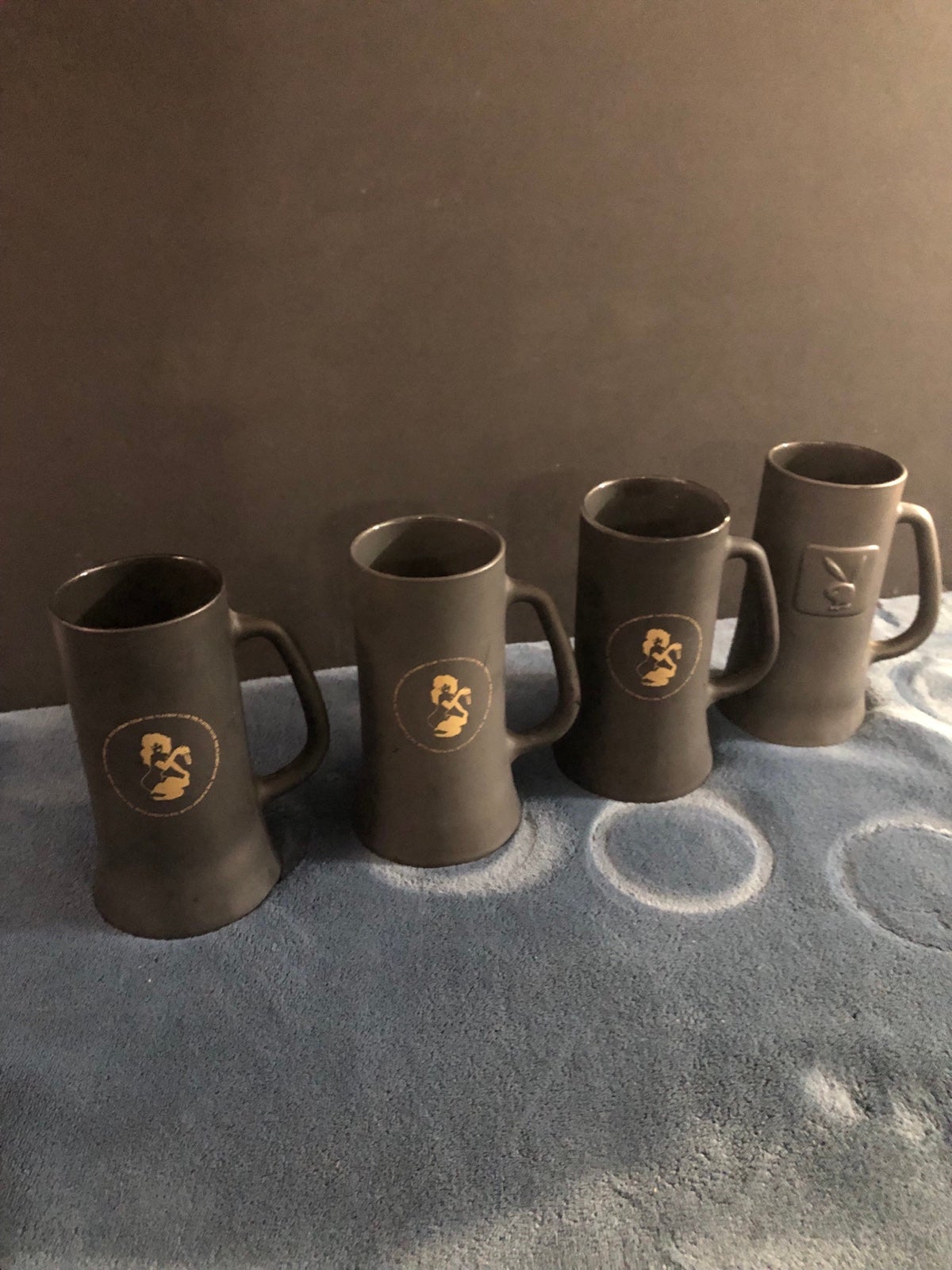 Four (4) Vintage 1960’s Playboy Club Tall Black 16 Oz Mug w/ Playmate Logo