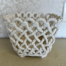 Vintage Spanish Pottery Porcelain Twisted Rope white Basket vase flower floral h