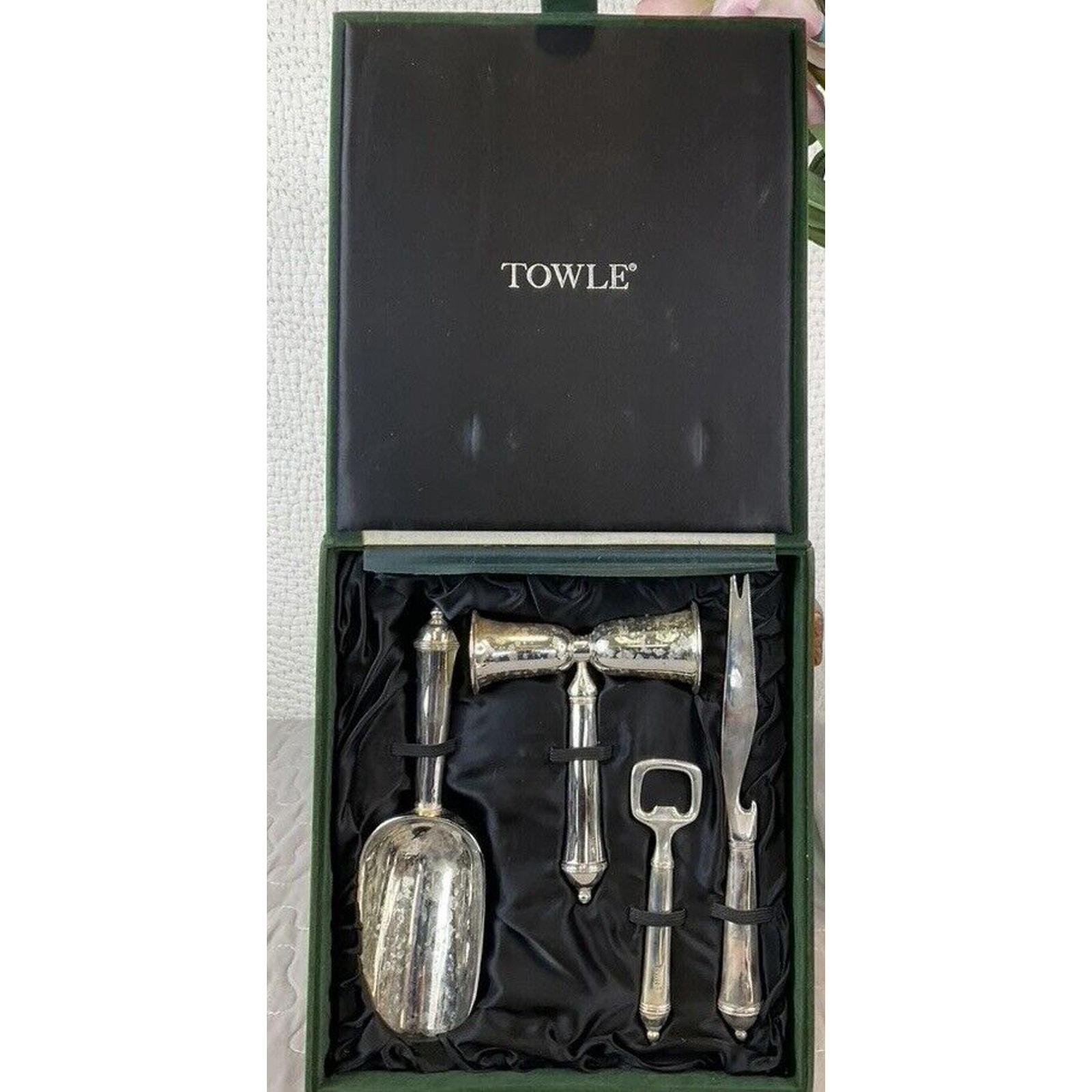 Vintage Towel Sterling Plated 4 Piece Barware Set