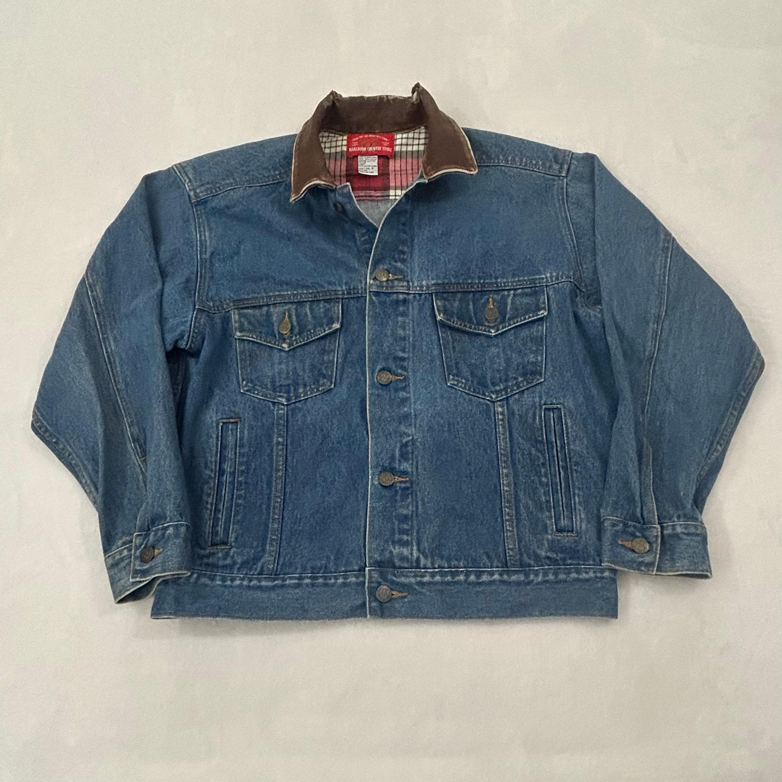 Vintage 90s Marlboro Country Store Blue Denim Jean Jacket Leather Collar Men S