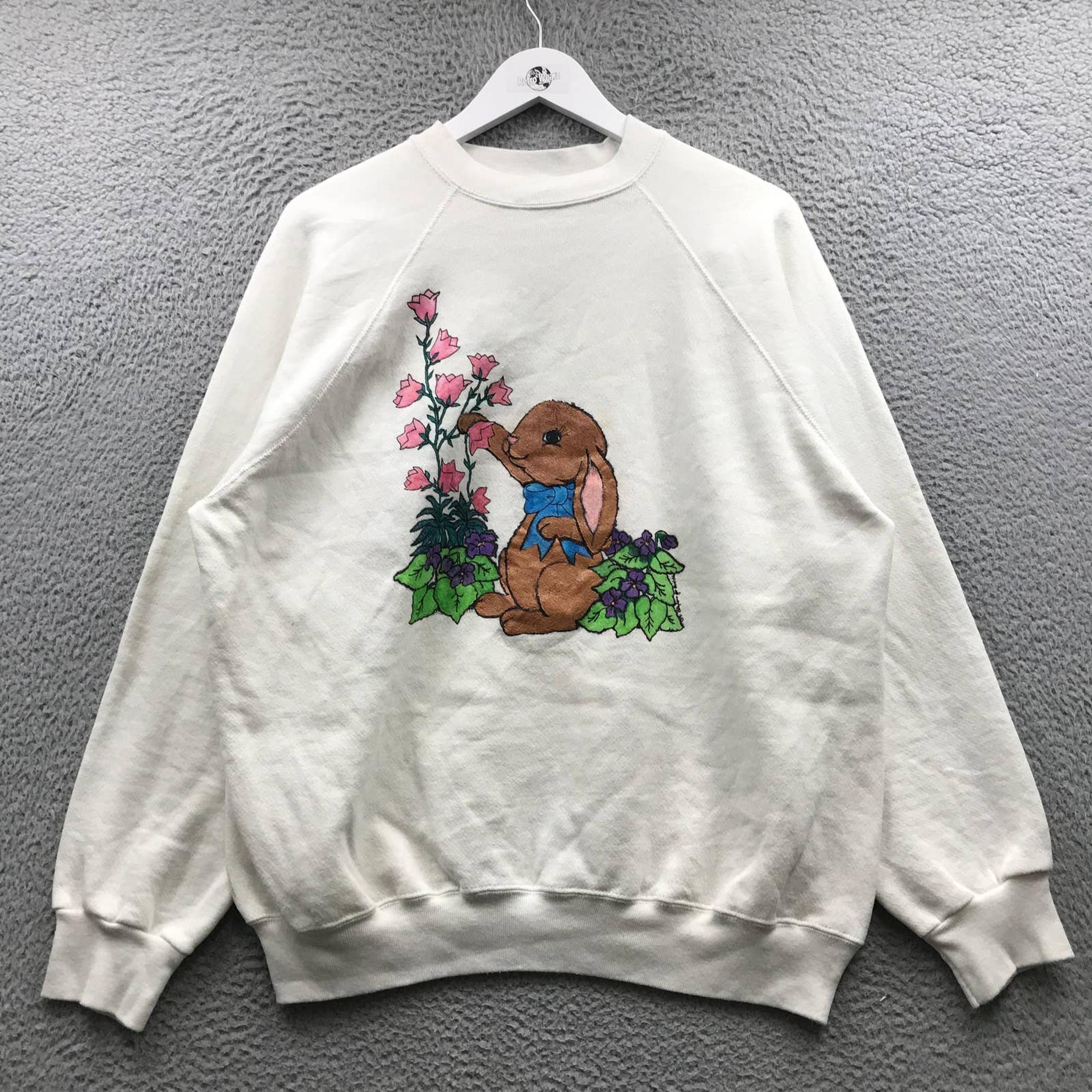 Vintage 1991 Tultex Rabbit Flower Grandma Sweatshirt Women's XL Crew Neck White