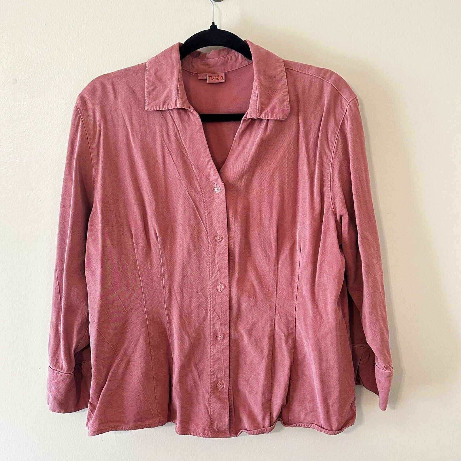 Tianello Pink Button Down Shirt Princess Seams Elegant Collared Blouse Sz Large