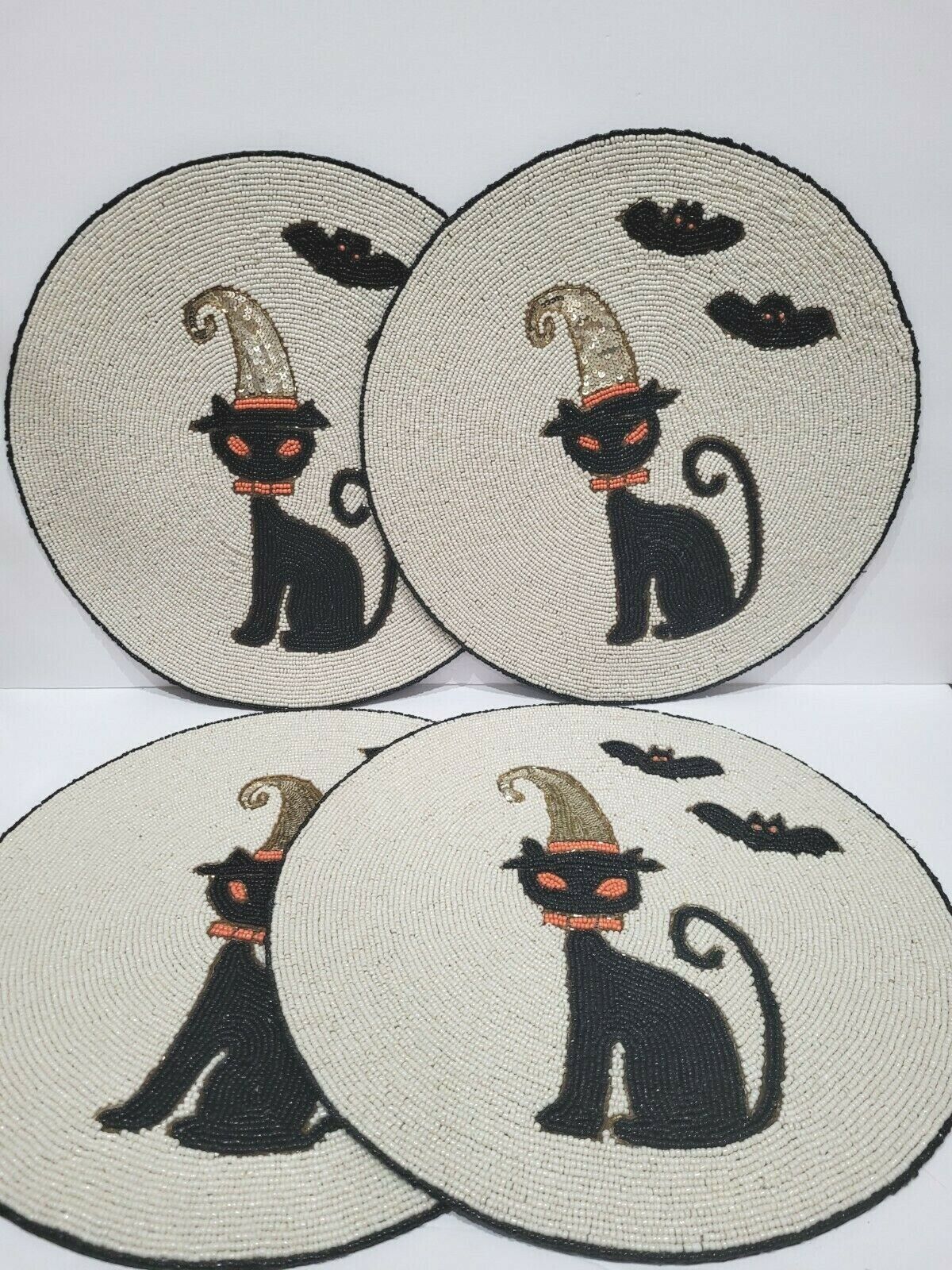 Cynthia Rowley Curious Halloween Black Cat Beaded Placemats Chargers 15