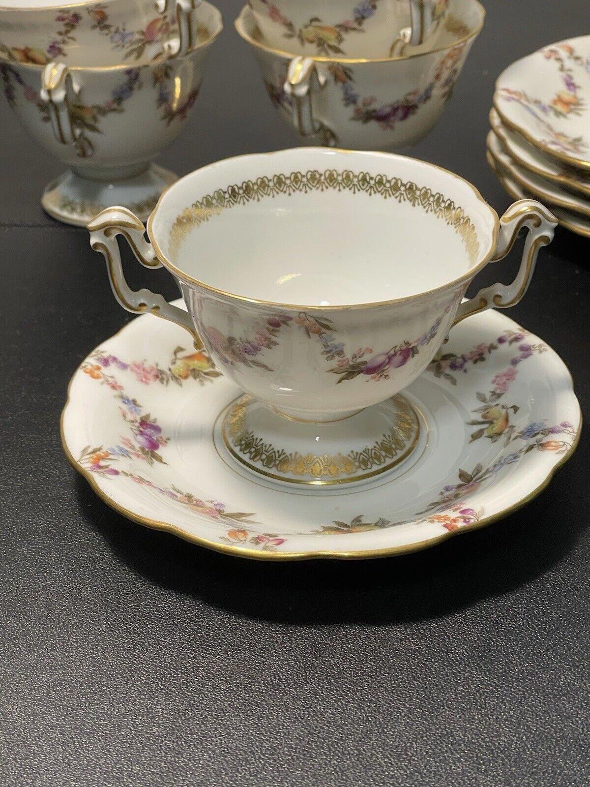 T&V Limoges Antique 5 Gilded Fruit Wreath Cups Saucers Bouillon Chocolate Tea