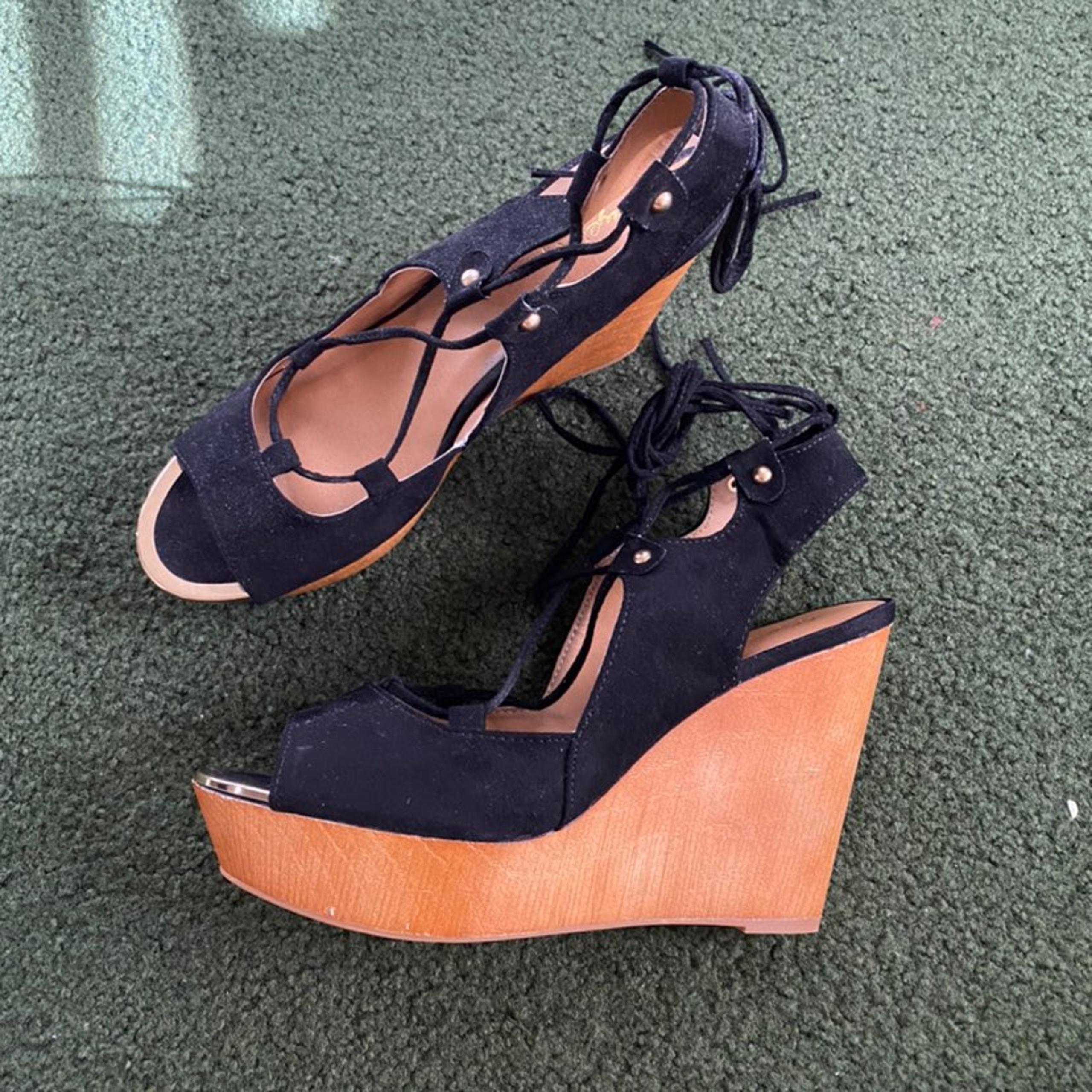 Qupid Peep Toe Lace Up Wedges