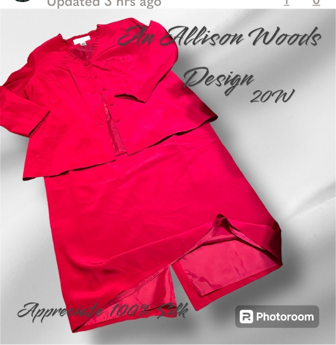 100 per cent SILK 2 pc Red Skirt suit. A Allison Woods Design in a 20W lined EUC