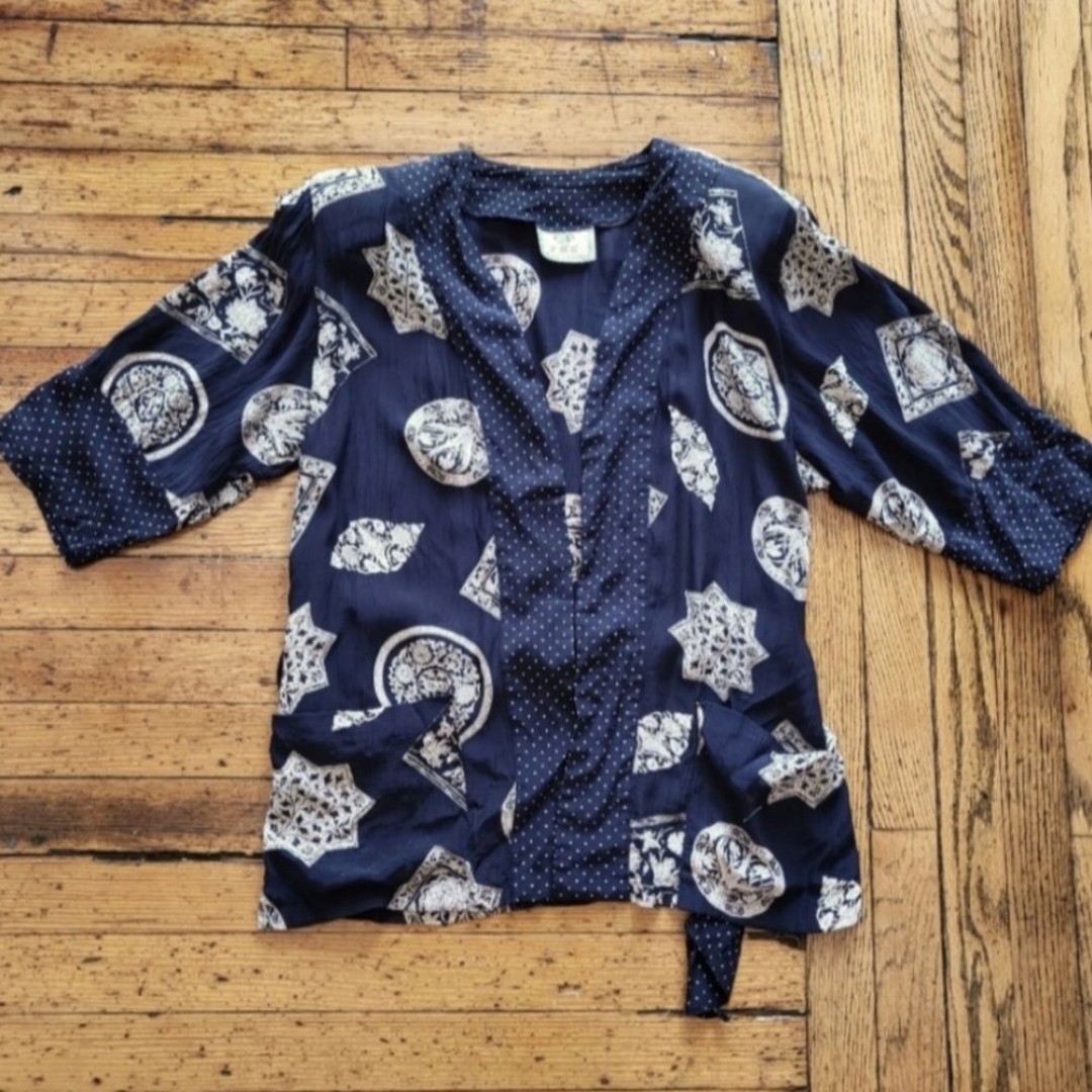 HMS by Jonathan Martin Vintage Contrast Trim Belted Navy Blue Kimono Size 8