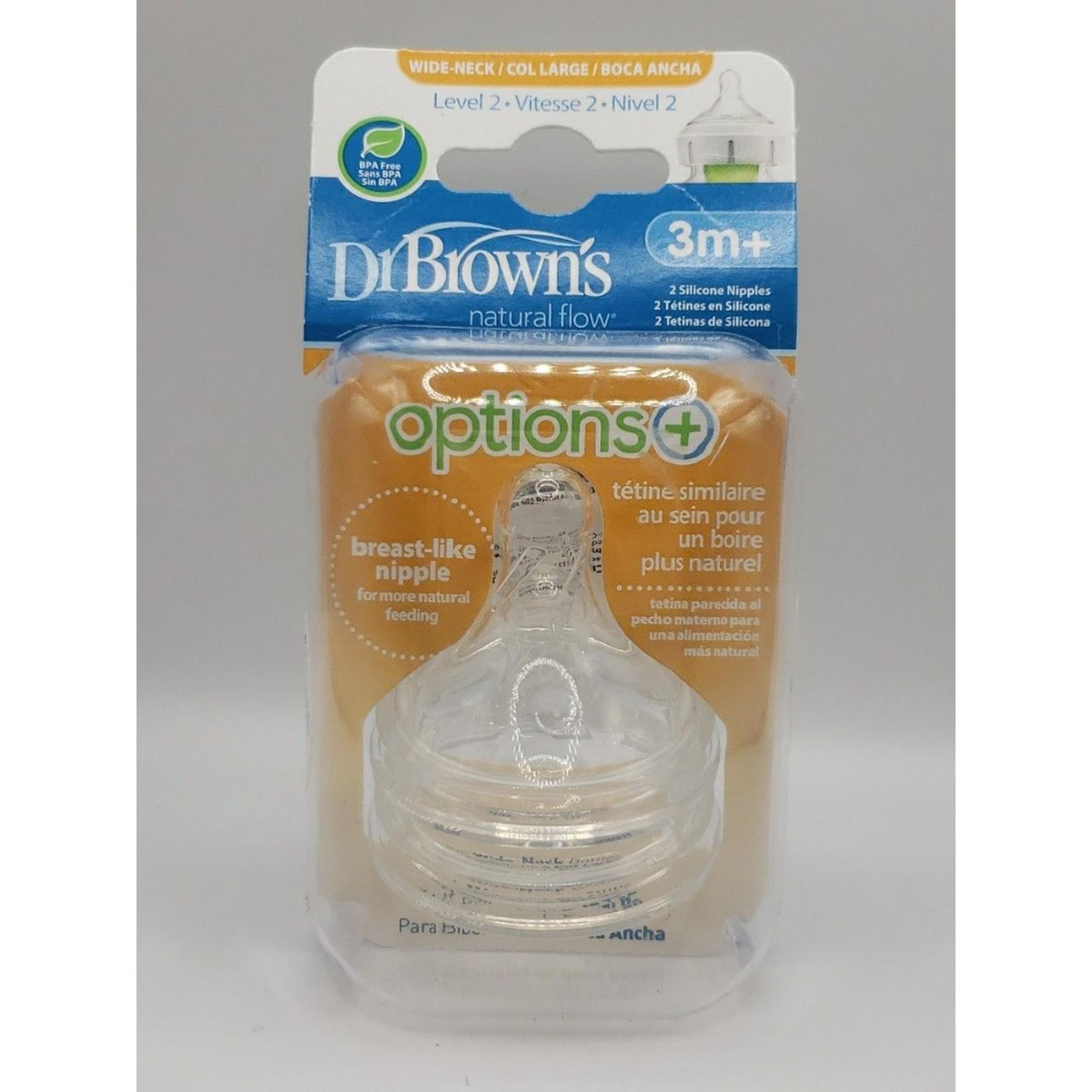 Dr Brown's Options+ Wide Neck Baby Bottle Nipple 3m+ natural Flow 2 pack