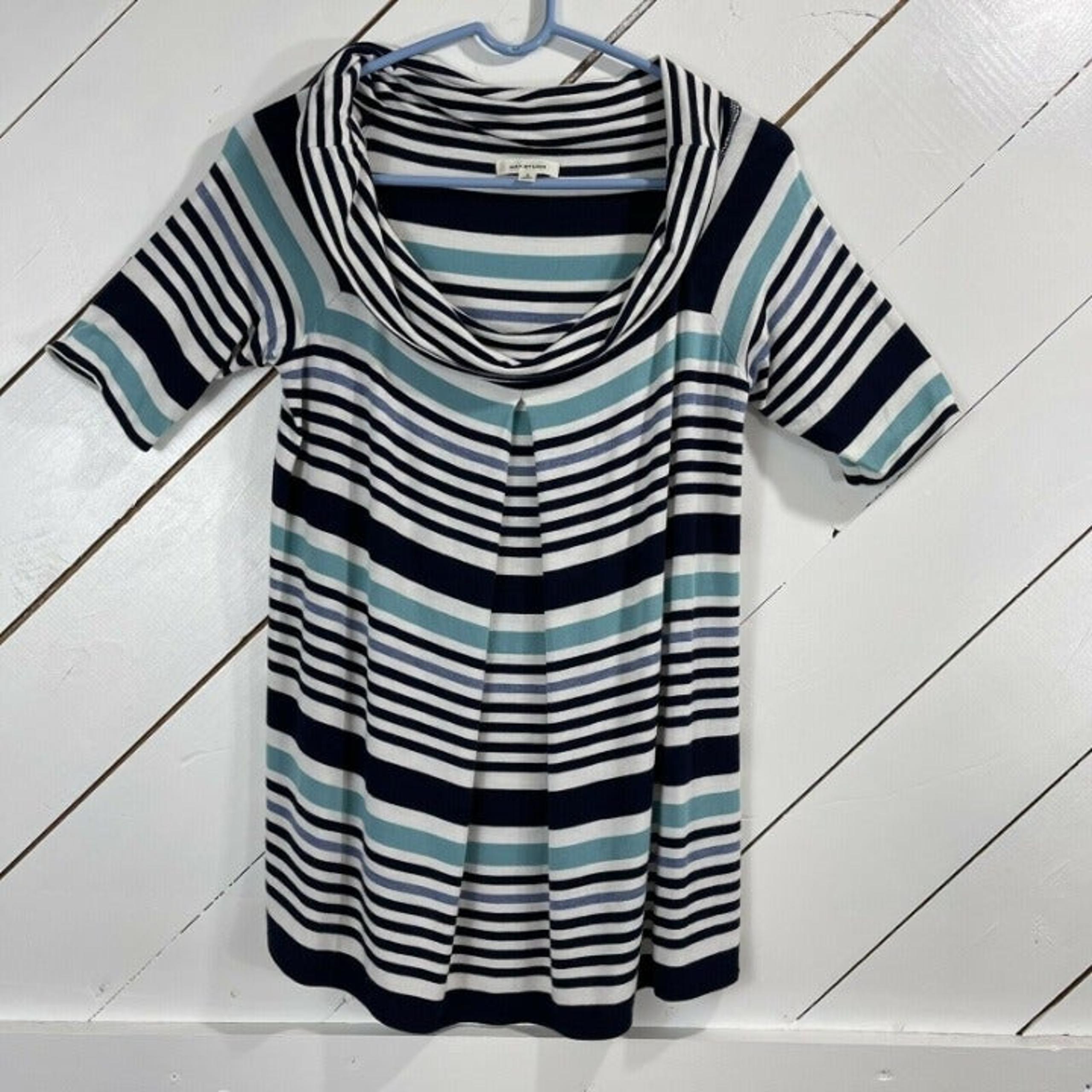 Max Studio Women's Shirt Size Small Navy Blue Aqua Knit Striped Top Tunic