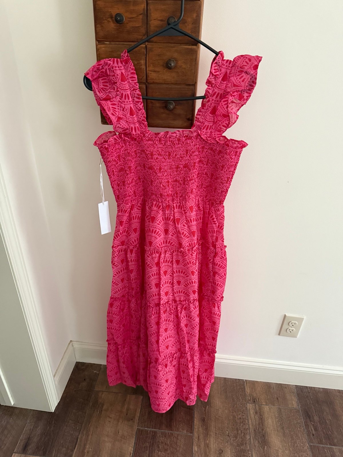 J. Marie Smocked Ruffle Sleeve Tiered Hot Pink Sundress Medium