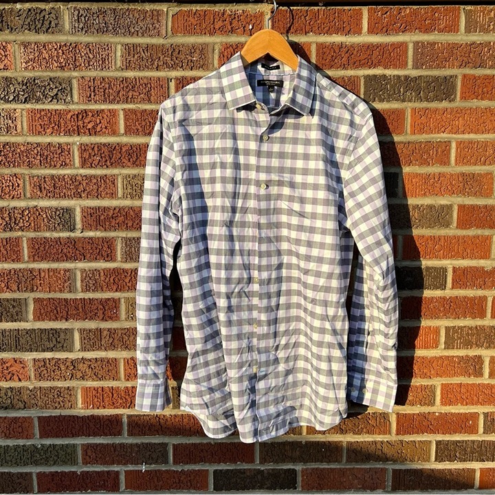 Banana Republic Gray and Light Purple Grid Grant Fit Non-Iron Button Down Shirt