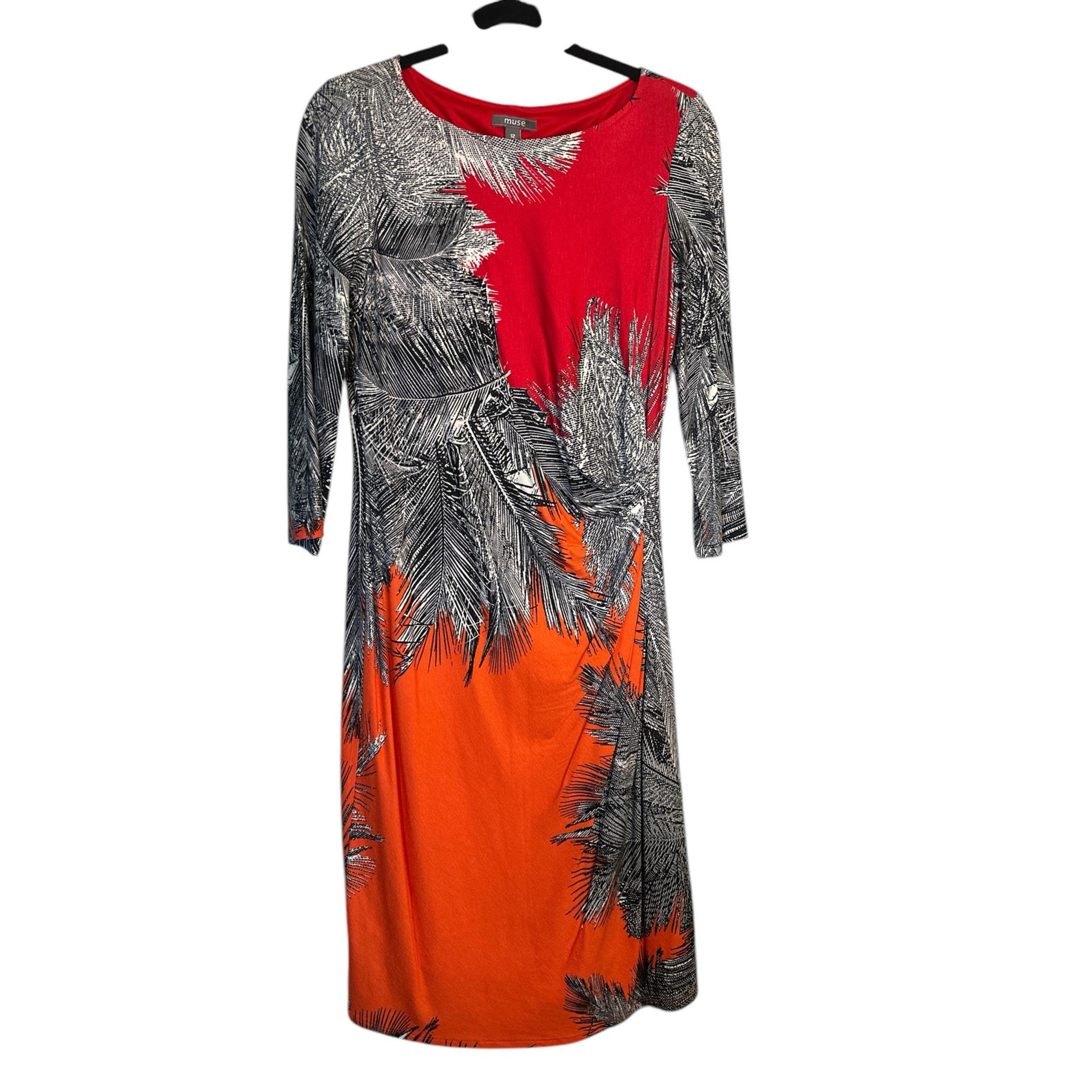 Muse Womens Stretch Jersey Knit Bright Knee Length Ruched Dress Sz 12 Multicolor