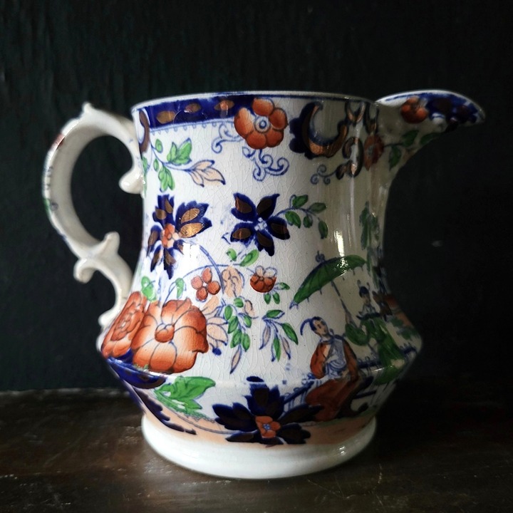 Small Antique Georgian Chinoiserie Transferware Jug, Floral and Chinese Scenes
