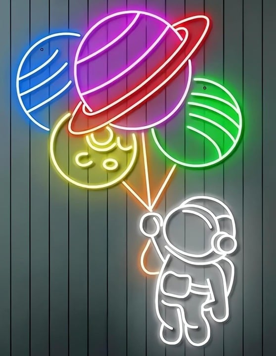Lovely Bright Cute Baby Astronaut Hold Planet Balloons LED Night Light Room Wall