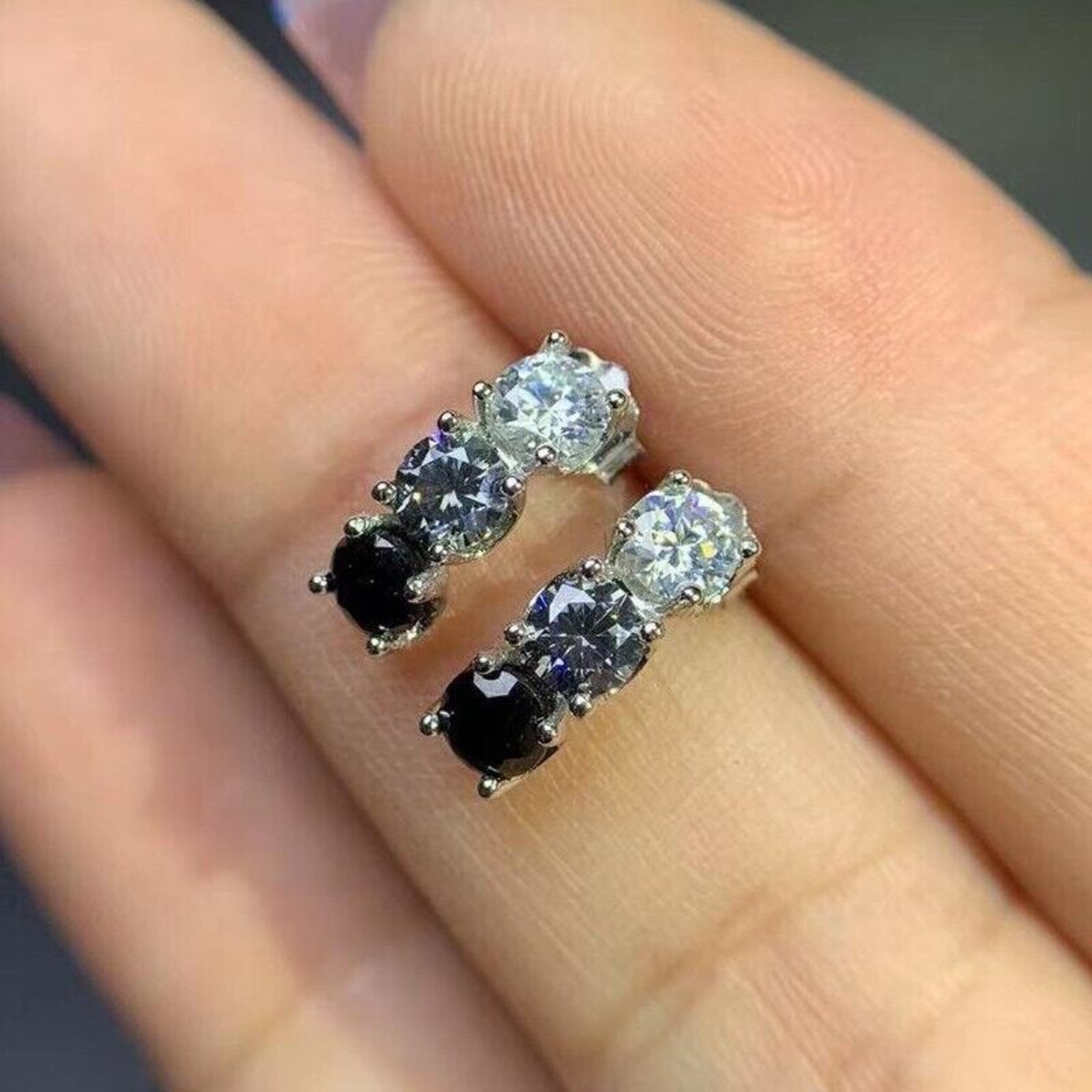 White Grey Black Moissanite Stud Earrings, Gradient White Grey Black Earrings