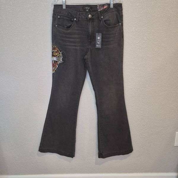 Ed Hardy Denim Tiger Head Embroidered Slim Flare Jeans Women's Size 32