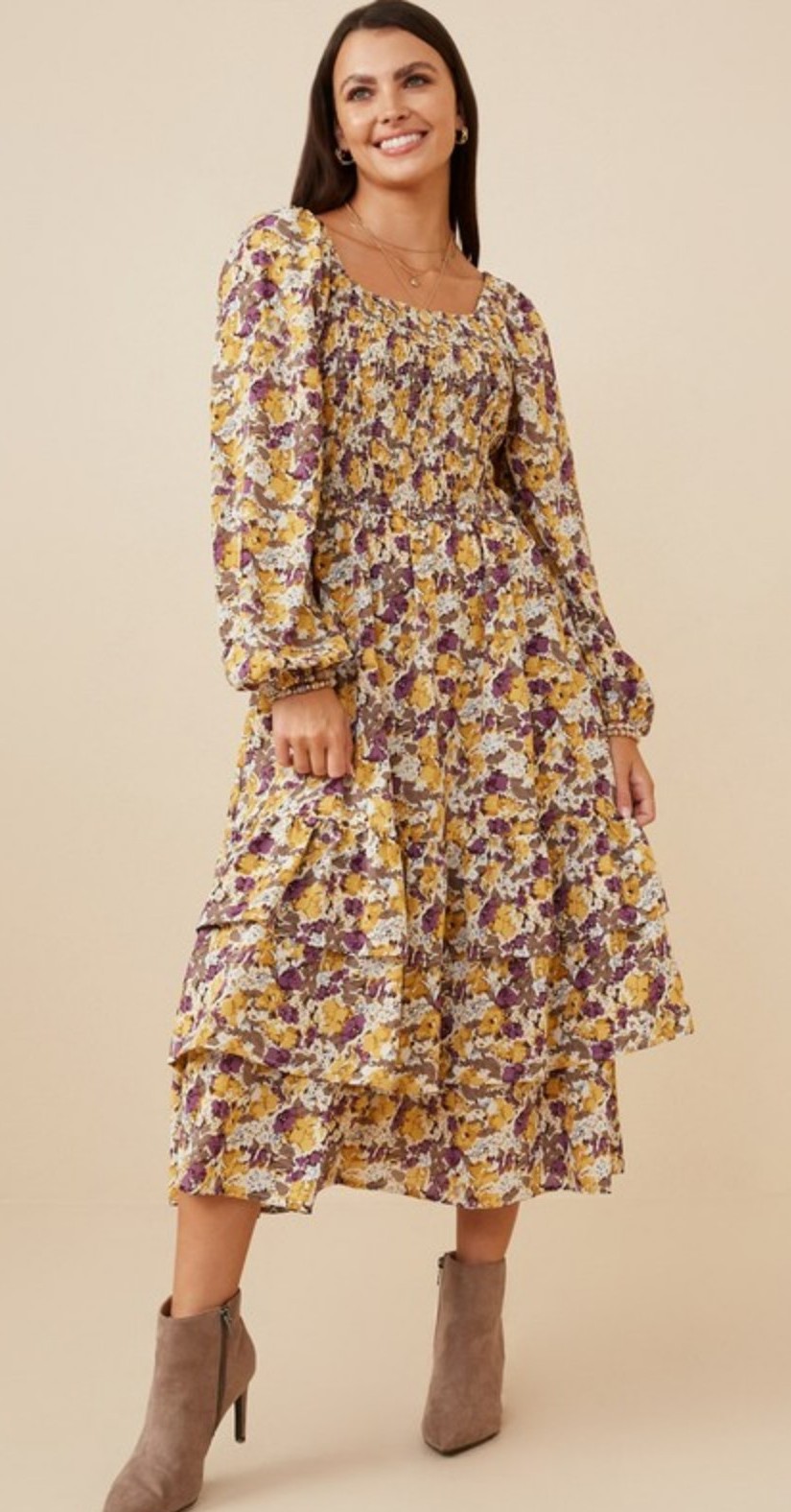 Long Sleeve Floral Dress NWT Square Neck Yellow and Purple Maternity Friendly