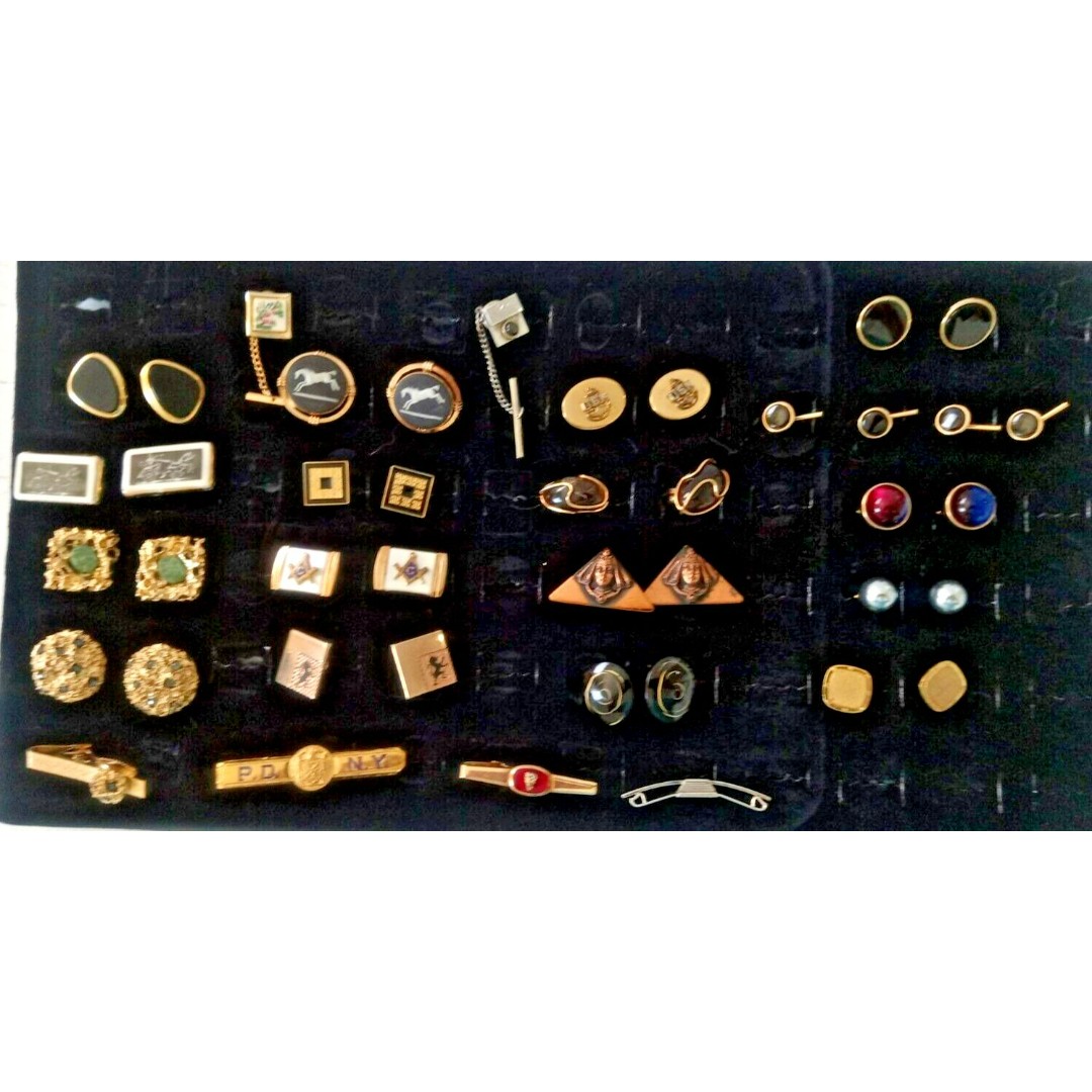 Vintage Cufflinks Lot Paired Tie Bars Pins Tuxedo Buttons Nice Black Coral