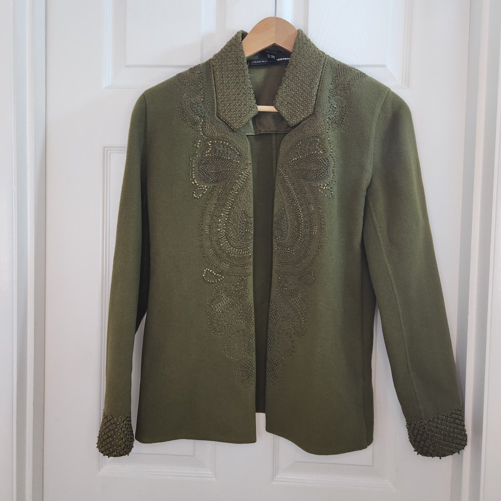 Linda Allen Ellen Tracy Jacket Wool Sz: S Open Front Mossy Green Embroidered
