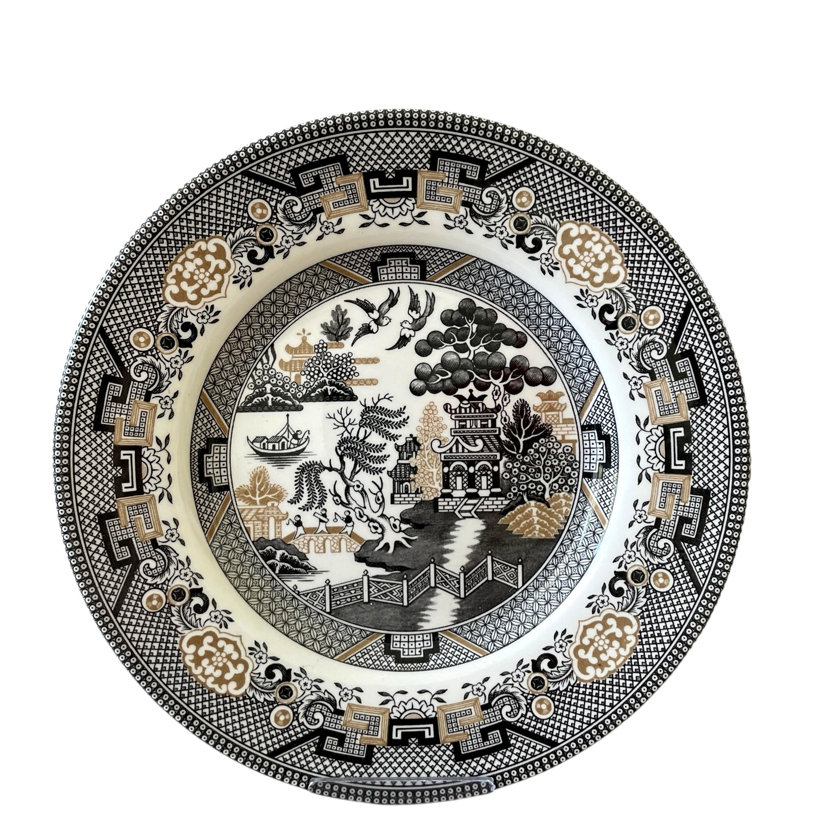 Royal Stafford Black Gold Asian Garden Willow Pagoda Salad Plates 8.5 Set of 4