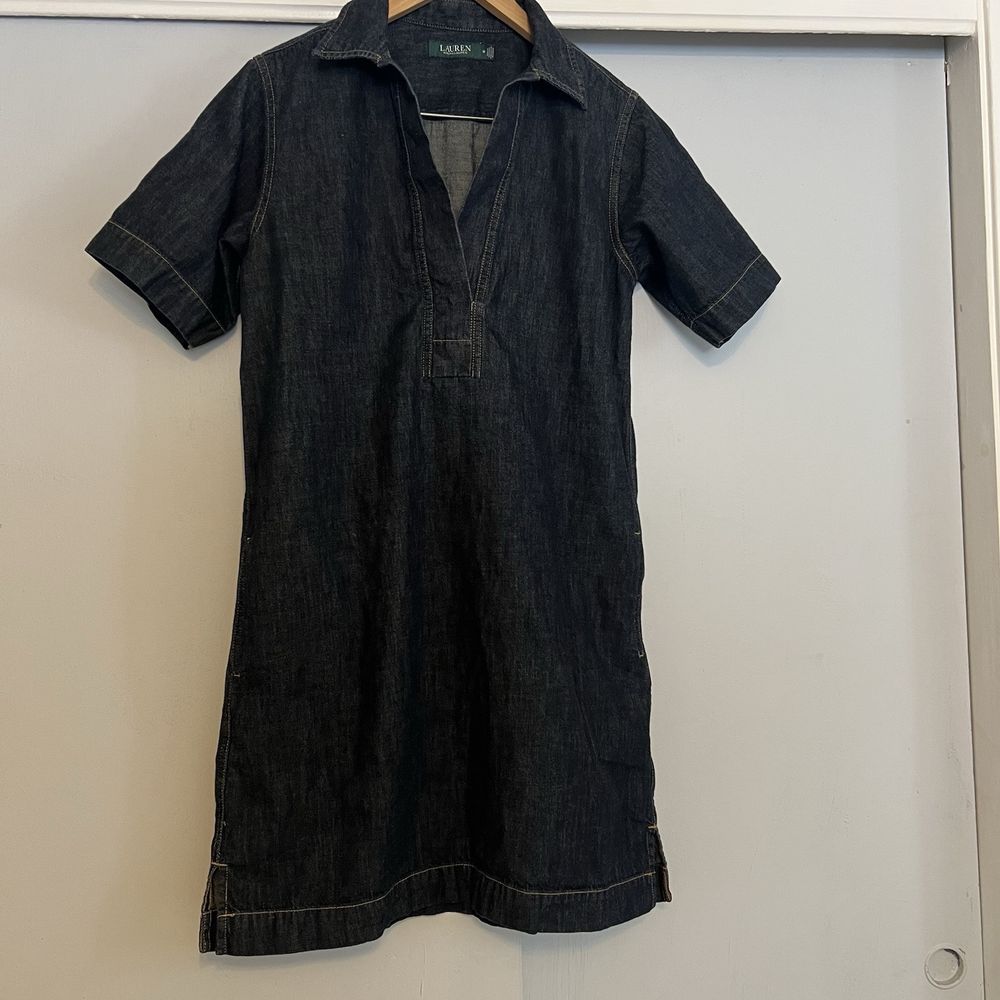 Lauren Ralph Lauren Womens Dress Dark Blue Denim Midi Pockets Collared Size Med