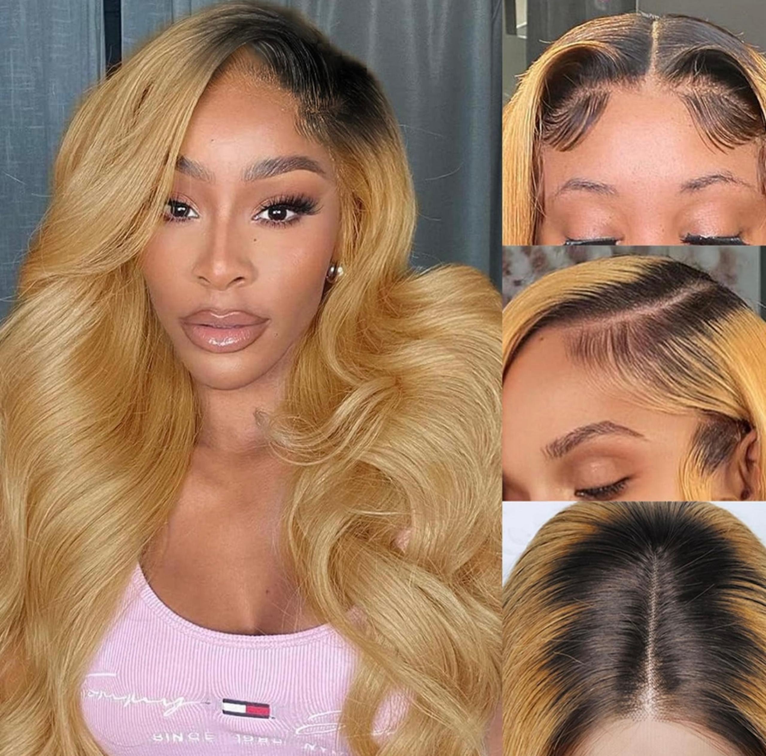 Lace Front dark root blonde human hair wig 22” honey blonde 13*4 body wave wig