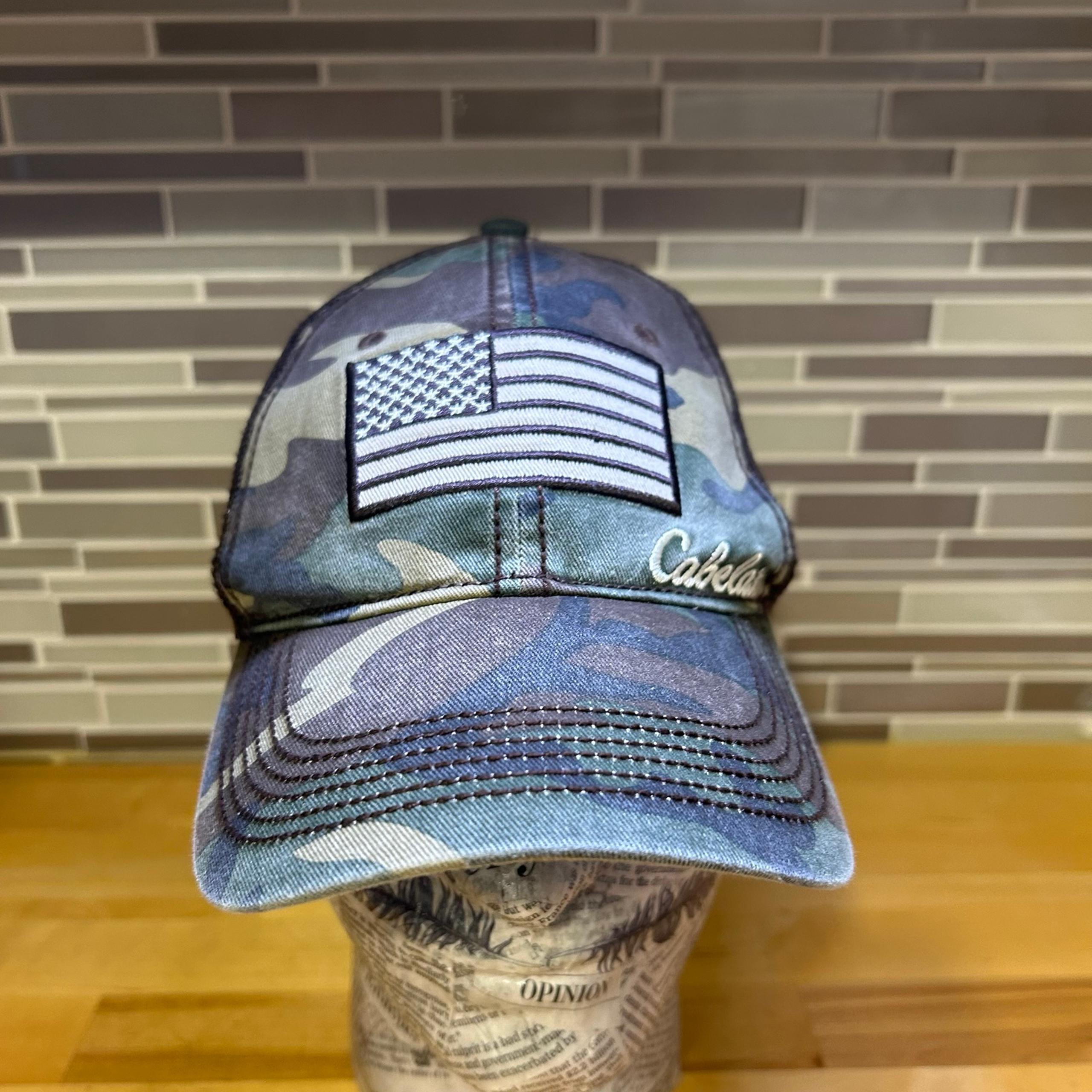 Cabela’s American Flag Embroidered Woodland Camo Brown Mesh Back Trucker Hat