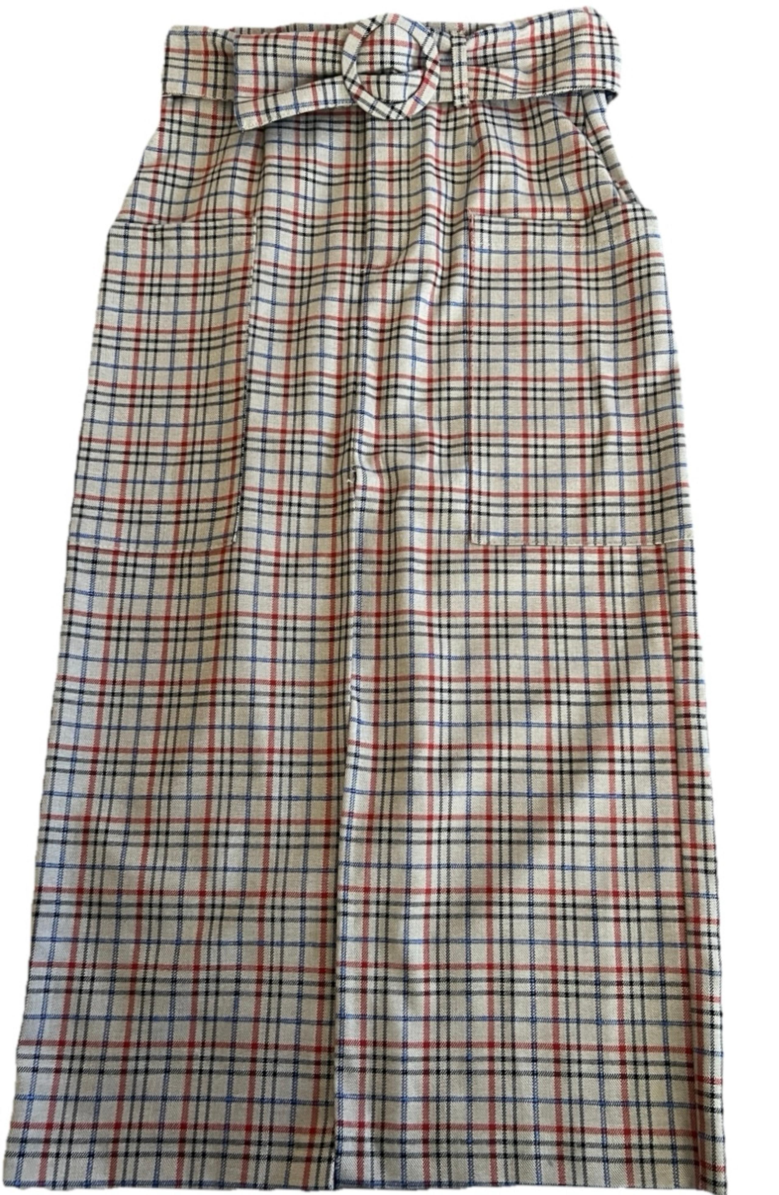 ZARA Long Tan Blue Red Black Plaid Belted Pencil Skirt With Front Slit Size XS